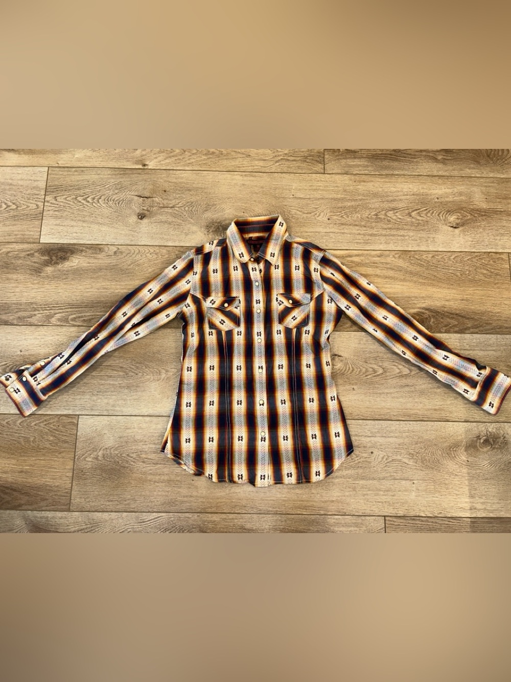Rock & Roll Cowgirl Brown,Navy Plaid Pearl Snap Western Shirt Aztec Print M